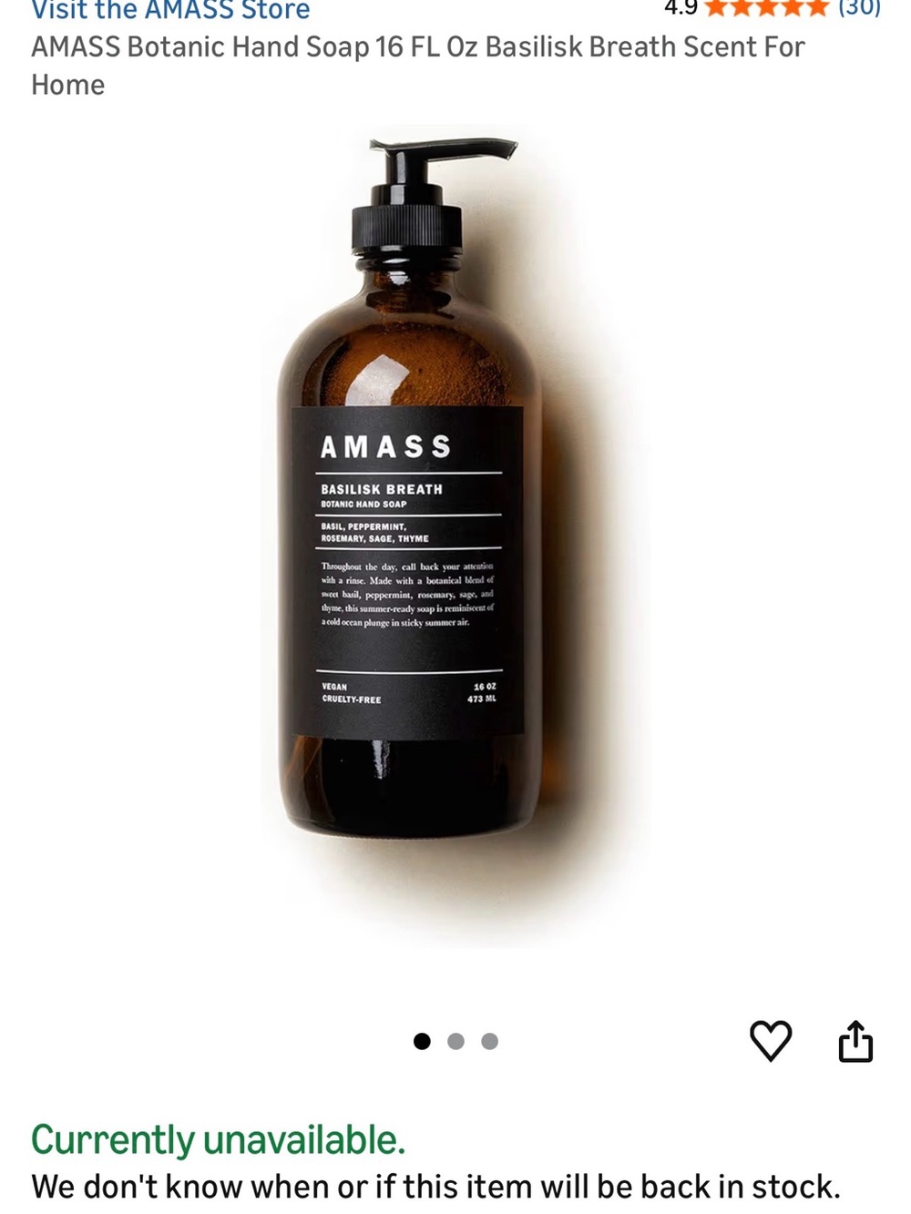 AMASS Basilisk Breath Botanical Body& Hand Soap - 16 oz! NIB Rated 4.9STAR’s!